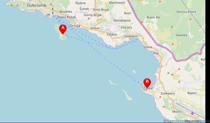 Map of ferry route between Lokrum (Portoc Bay) and Cavtat